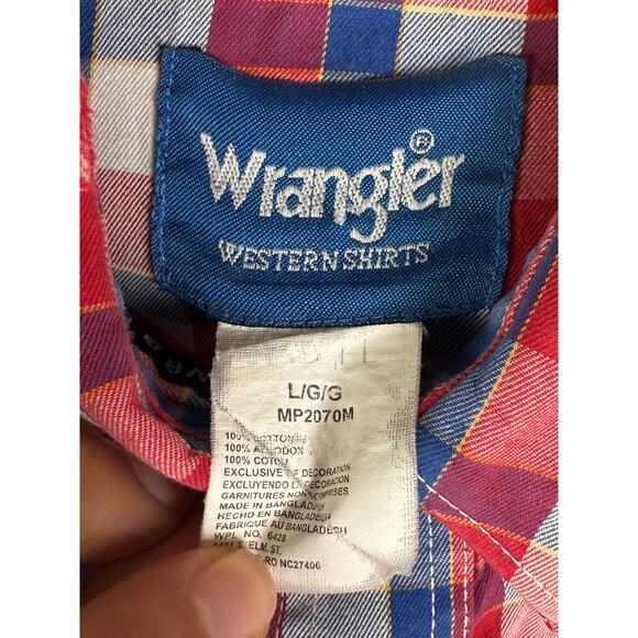 Wrangler Western‎ Button Plaid Long Sleeve Shirt RWB Red Blue Mens Large READ - Picture 4 of 7